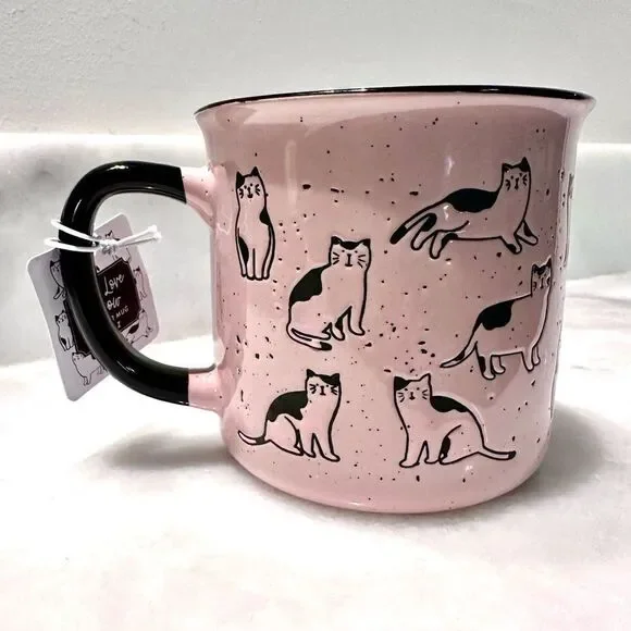NWT RARE & Unique Camper Mug Live Love Meow Cat Ceramic Coffee Mug Pink 20oz by - Picture 2 of 4